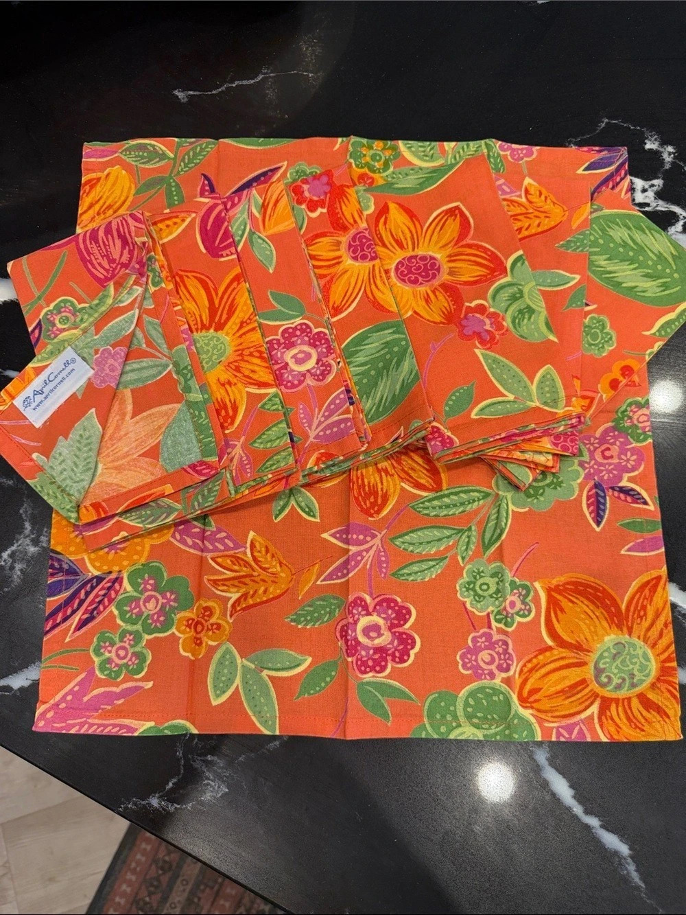 April Cornell NWOT set of 8 Floral Table Linen Set in Orange & Green Like New